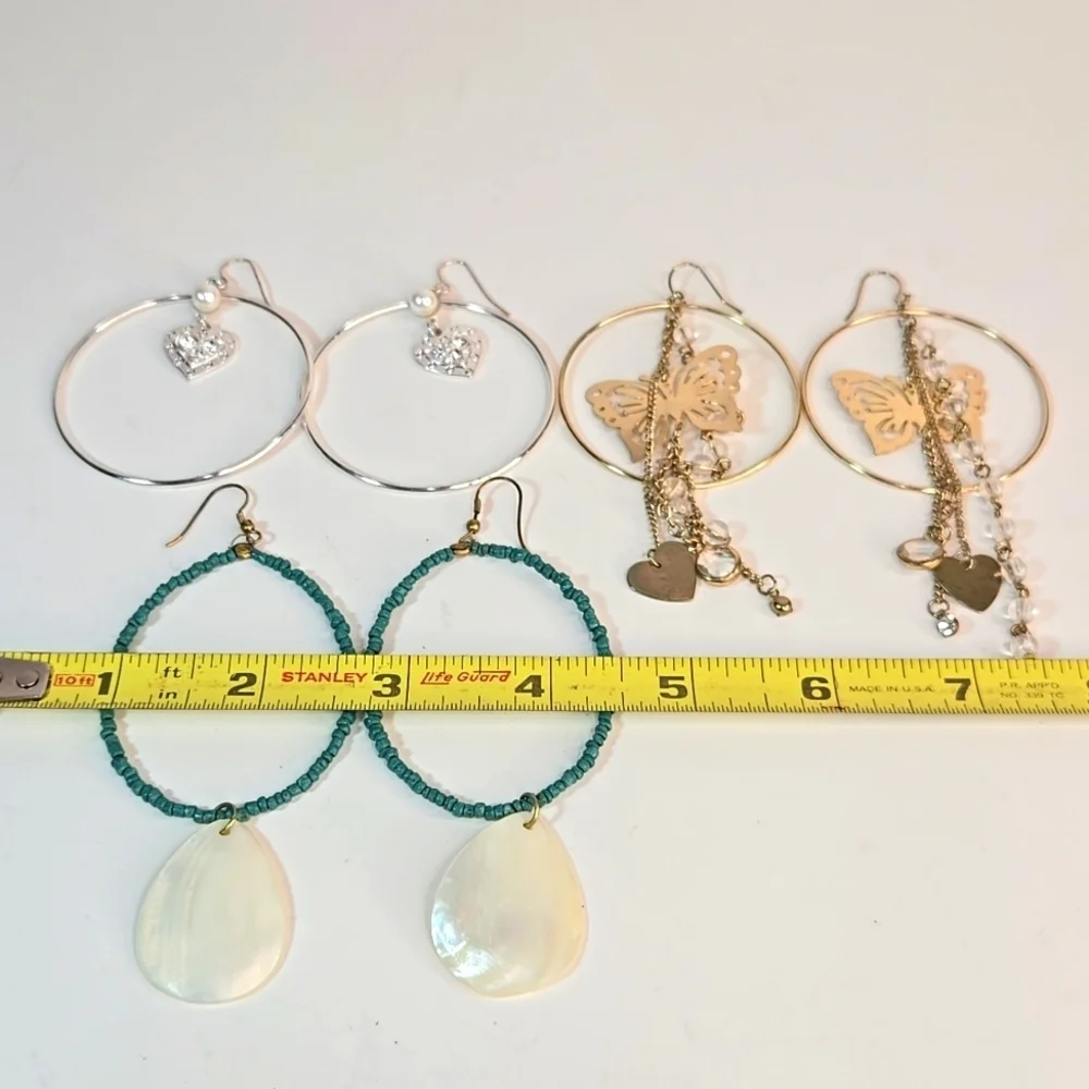3 Sets Boho Lge Hoop Earrings Elegant Gold Silver MOP Hearts Butterfly Crystals